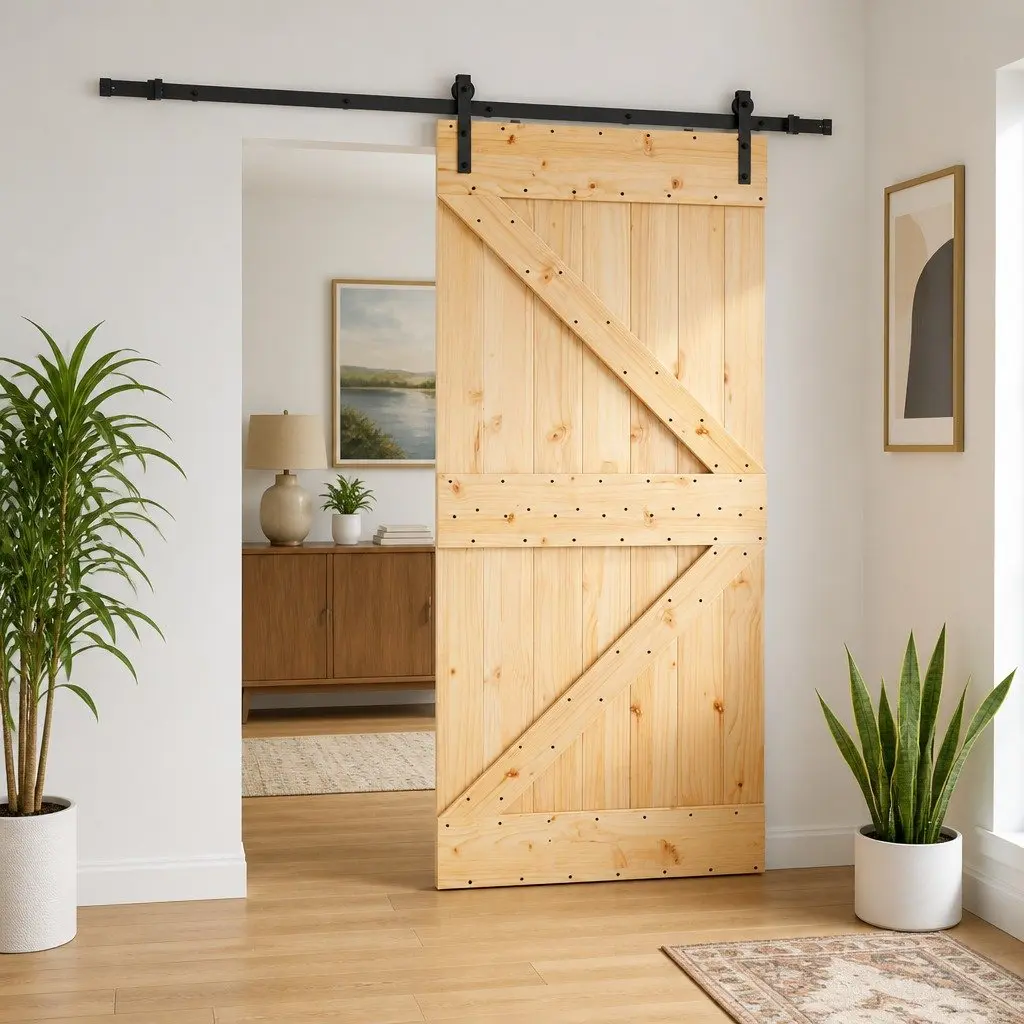 Sliding Door Pine Wood 90 x 210 cm Brown with Black Steel Elements