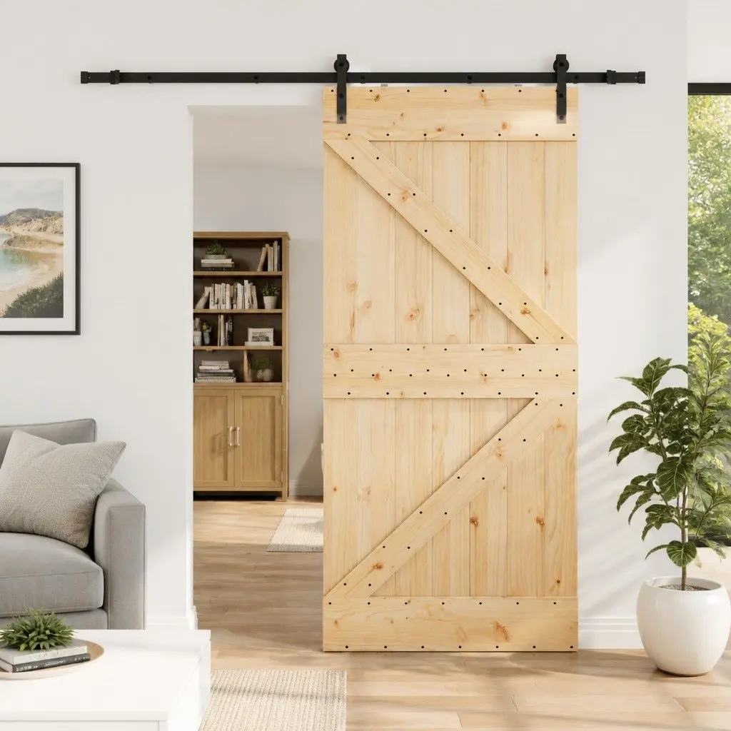 Sliding Door Solid Pine Wood 100x210cm Natural Black Frame