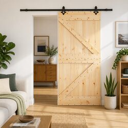 Modern Pine Wood Sliding Door with Black Steel Track
