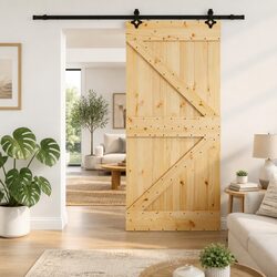 Natural Pine Wood Sliding Door with Black Track 100x210cm