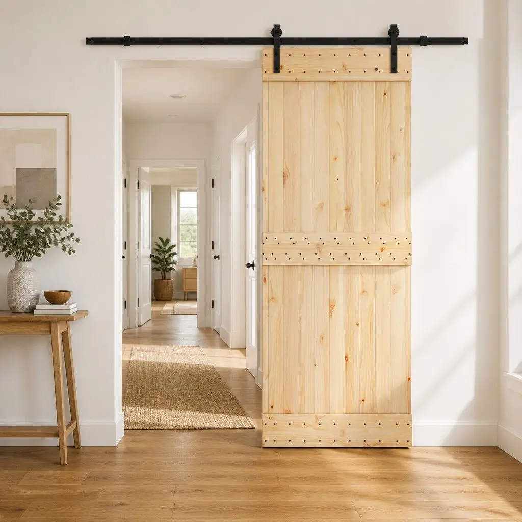 Sliding Door in Natural Pine with Black Frame