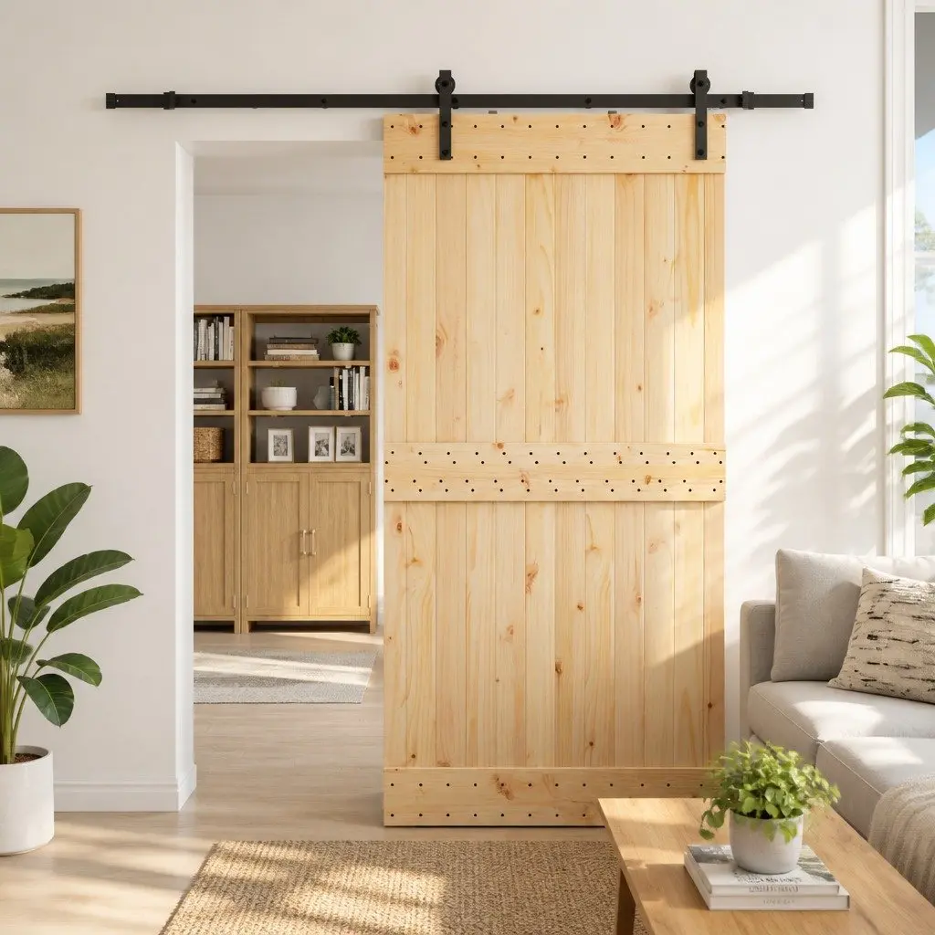 Sliding Door with Natural Pine and Black Frame