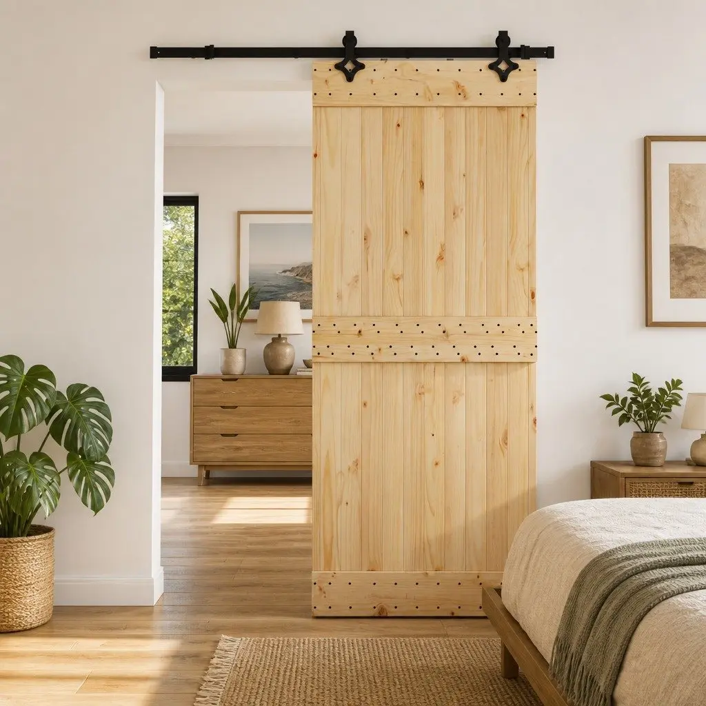 Top Track Sliding Door in Natural Pine and Black Steel 85x210cm