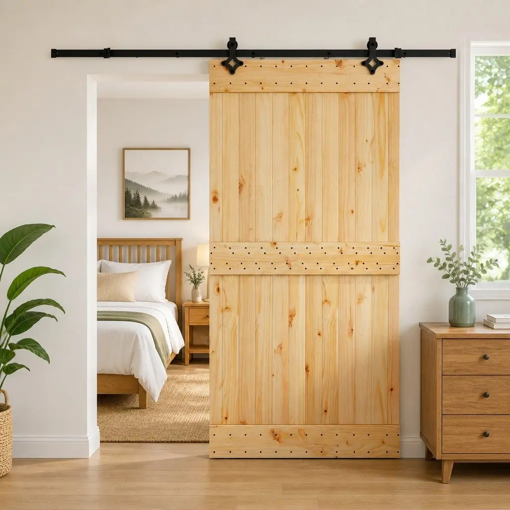 Sliding Door Solid Pine Wood 100 x 210 cm Natural Brown Black Modern Space-Saving Room Divider
