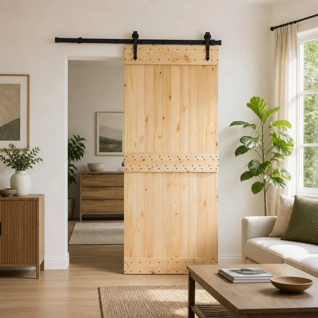 Sliding Door Pine Wood 85 x 210 cm Brown with Black Track