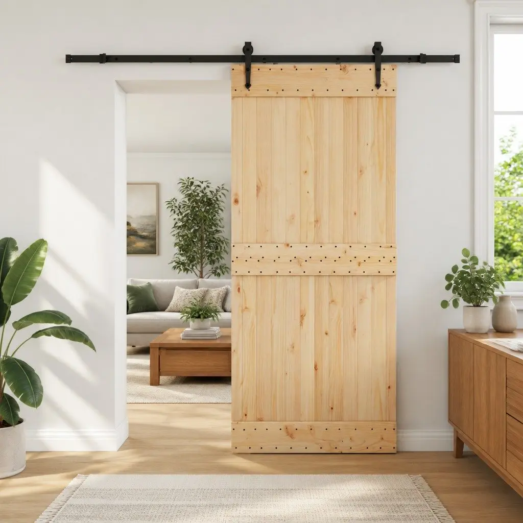 Sliding Door Pine Wood Natural Brown Black 90x210 cm