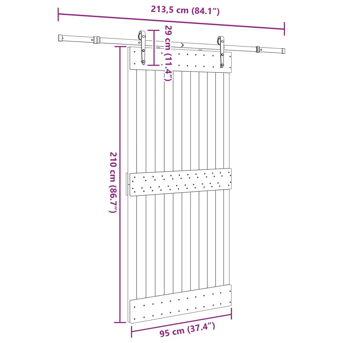 Sliding Door Pine Wood Frame Black Track 95 x 210 cm
