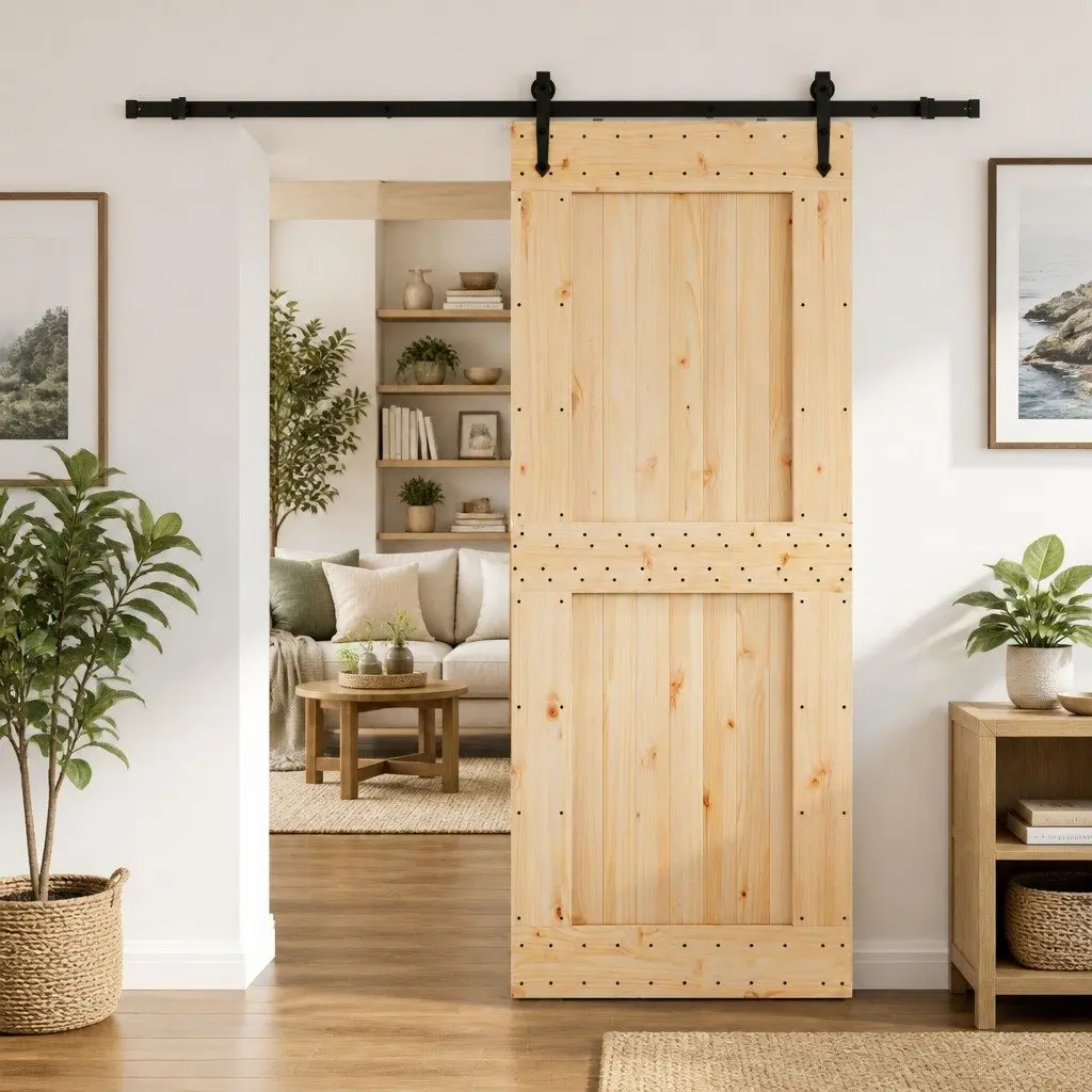 Sliding Door Pine Wood 90x210cm Black Track