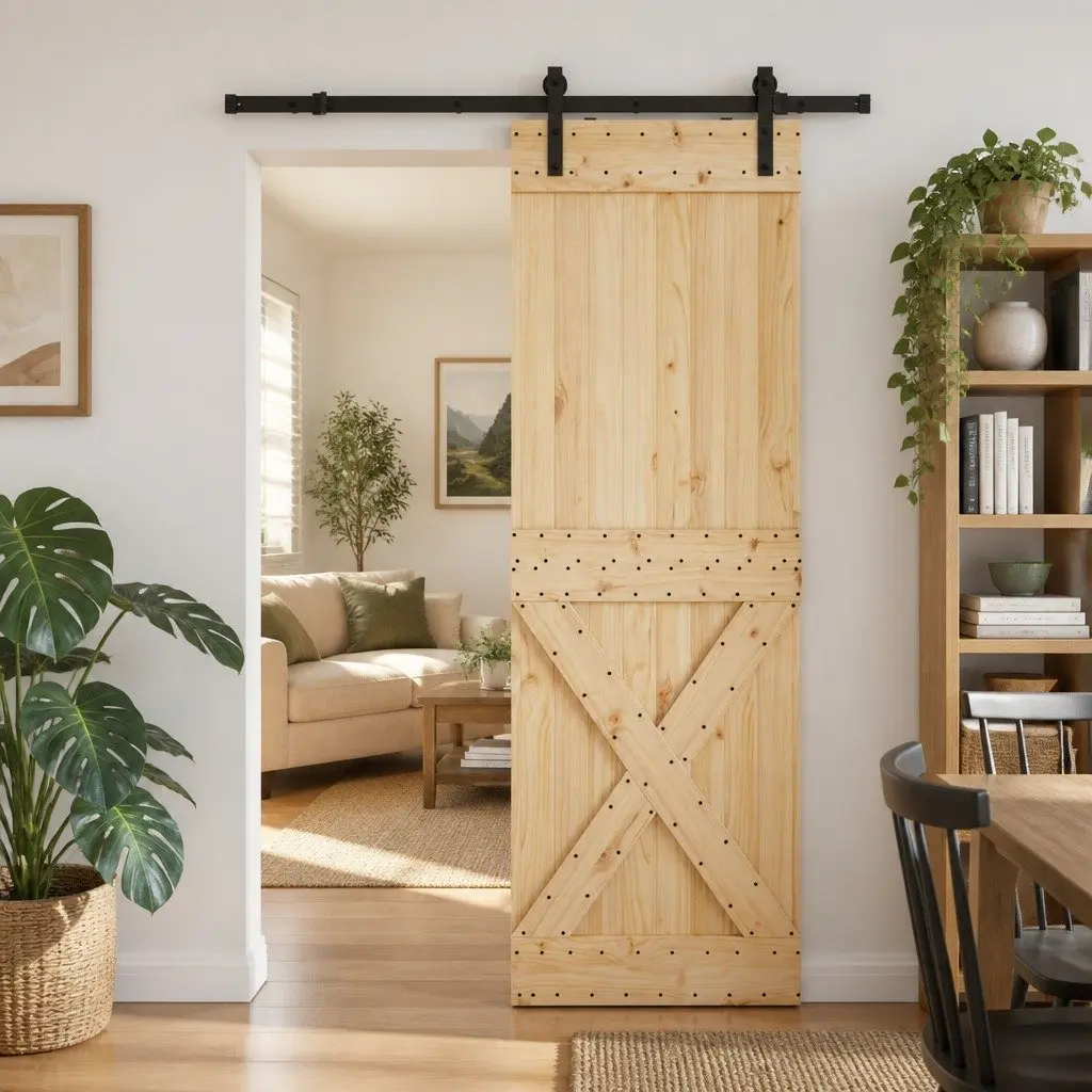 Room Divider with Pine Wood Frame and Black Track