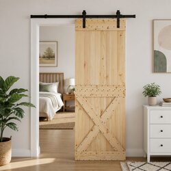 Modern Sliding Door with Pine Wood and Black Steel Track