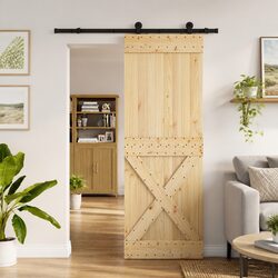 Sliding Door with Pine Wood and Black Steel Frame