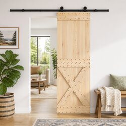 Modern Pine Wood Sliding Door with Black Steel Track