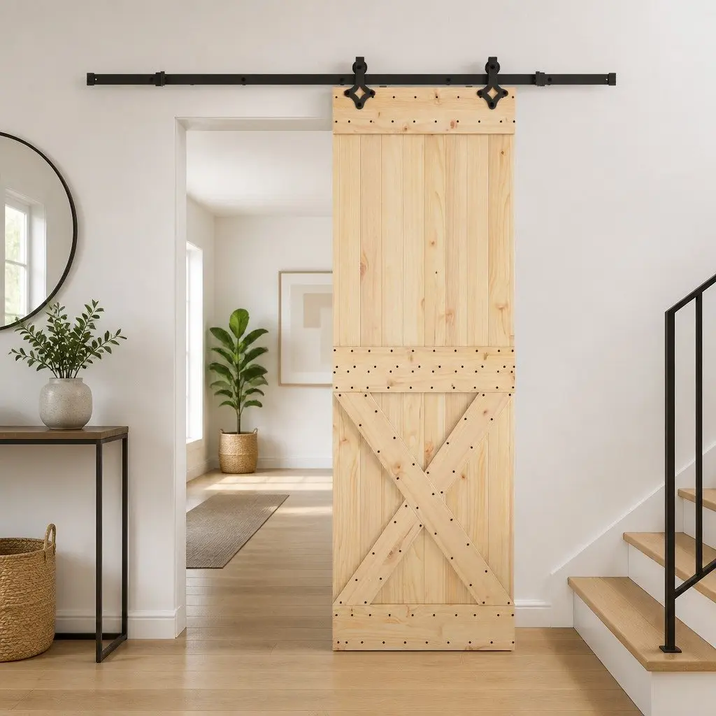 Sliding Door Pine Wood 70x210cm Black Steel Track Modern Interior
