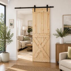 Modern Pine Wood Sliding Door with Black Steel Track 70x210cm