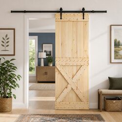 Modern Sliding Door with Pine Wood Frame and Black Track