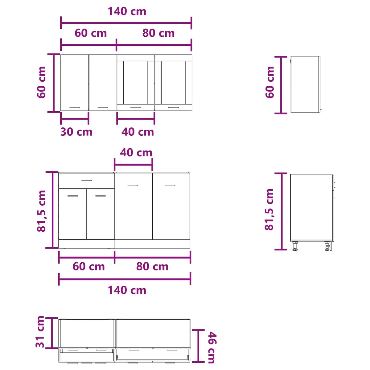 4-Piece Grey Kitchen Cabinet Set with Drawers