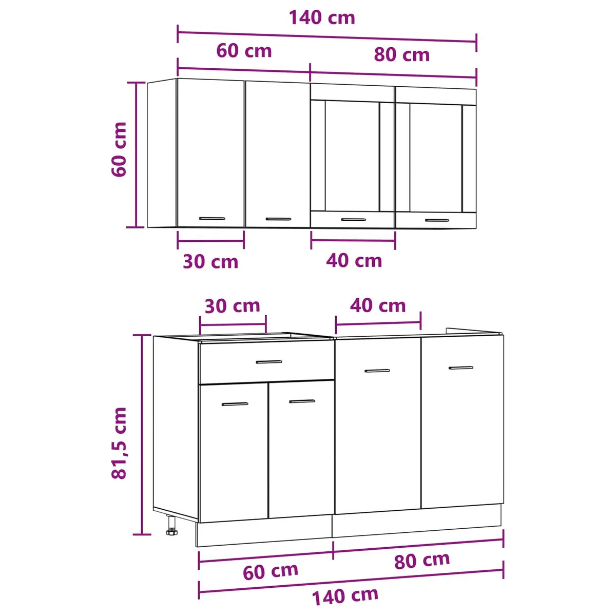 4-Piece Grey Kitchen Cabinet Set with Drawers