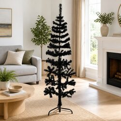 Slim Artificial Half Christmas Tree with Stand Black 150cm Space-Saving Holiday