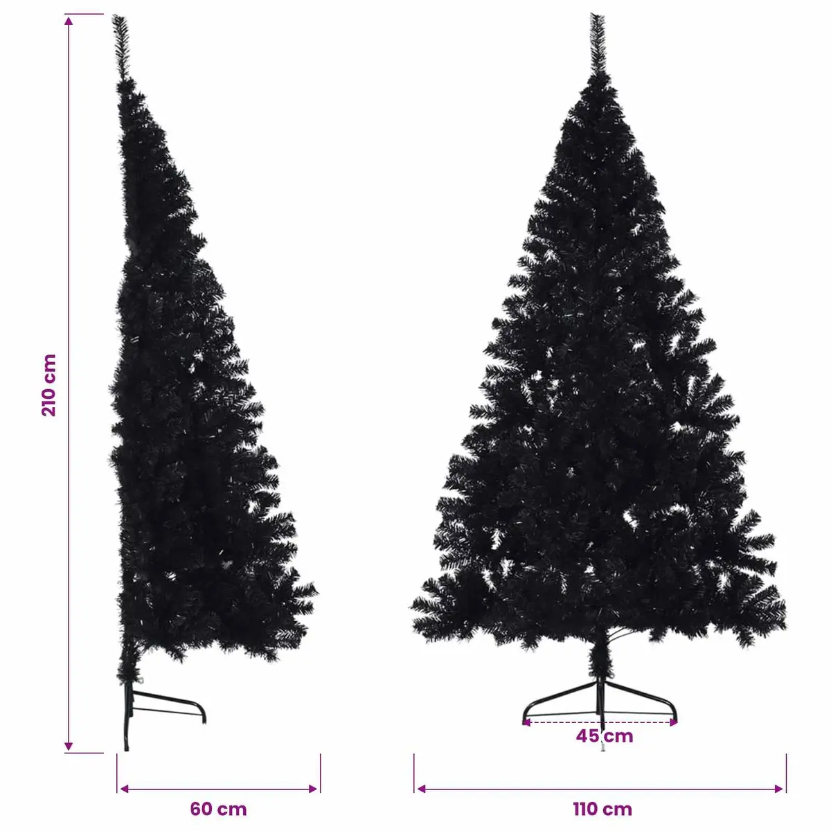 Black Half Christmas Tree with Steel Stand 210 cm