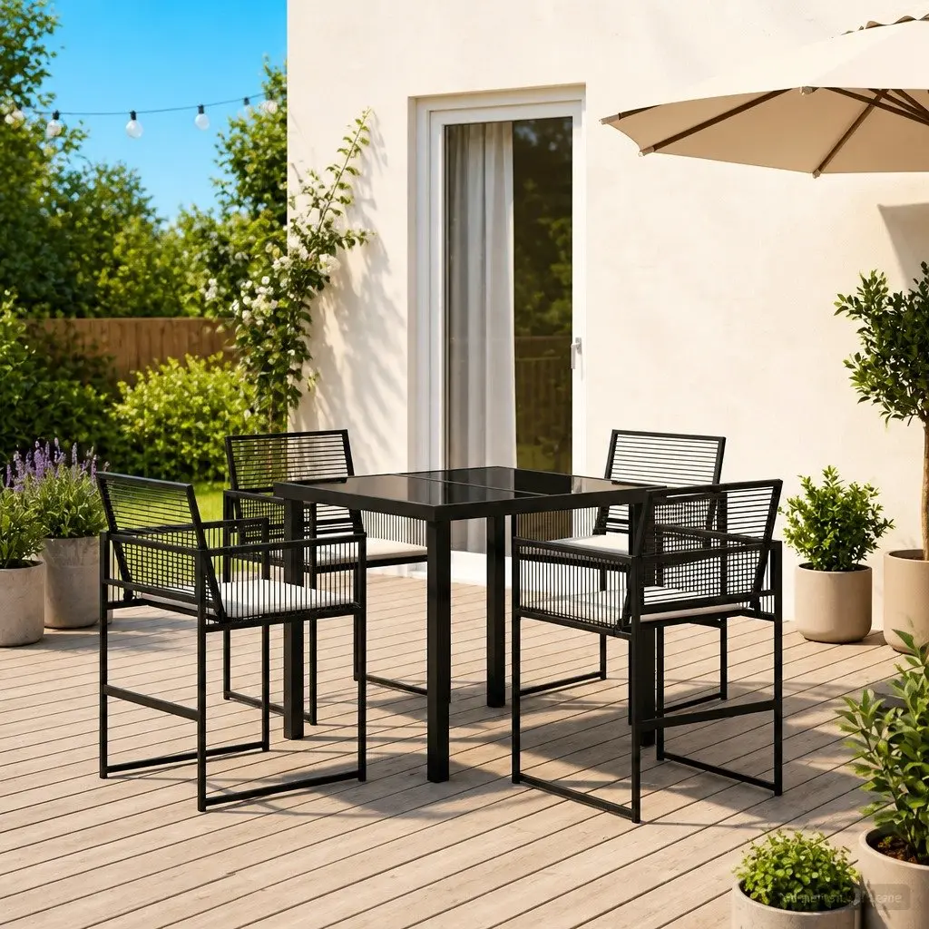 5-Piece Black Poly Rattan Dining Set