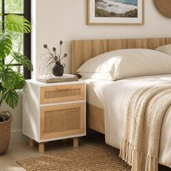 Stylish White Engineered Wood Bedside Cabinet with Rattan Weaving