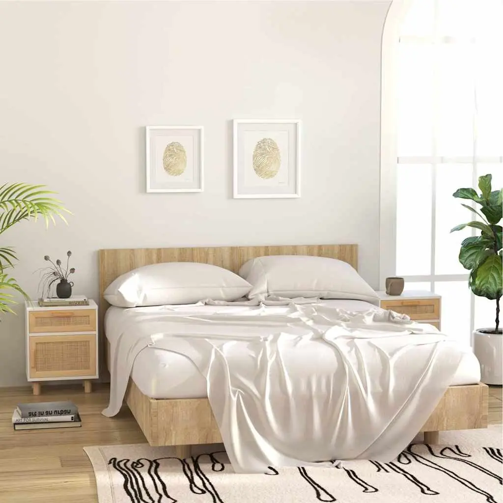 White Engineered Wood Bedside Cabinet with Rattan Weaving