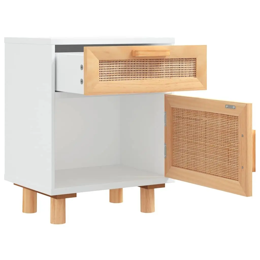 White Engineered Wood Bedside Cabinet with Rattan Weaving