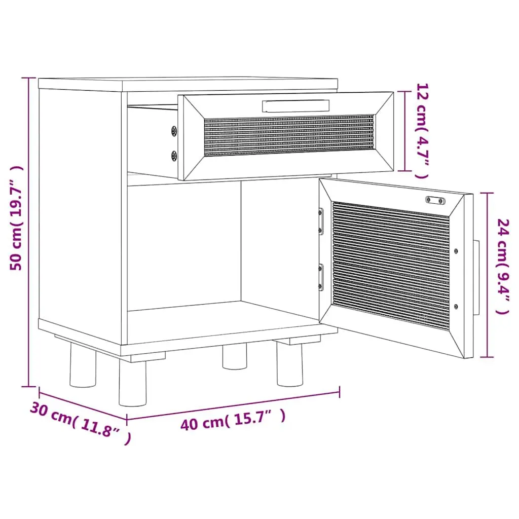 White Engineered Wood Bedside Cabinet with Rattan Weaving