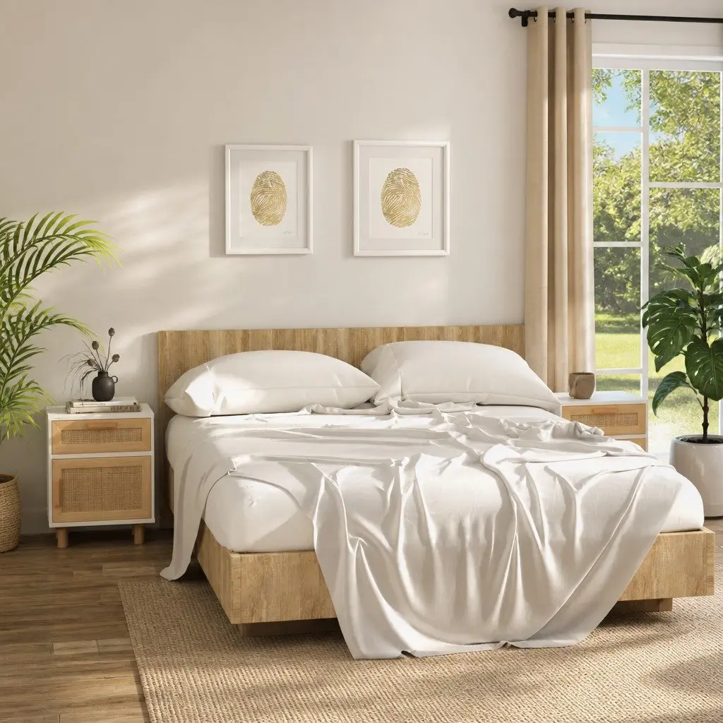 White Bedside Cabinet Set with Rattan Drawer
