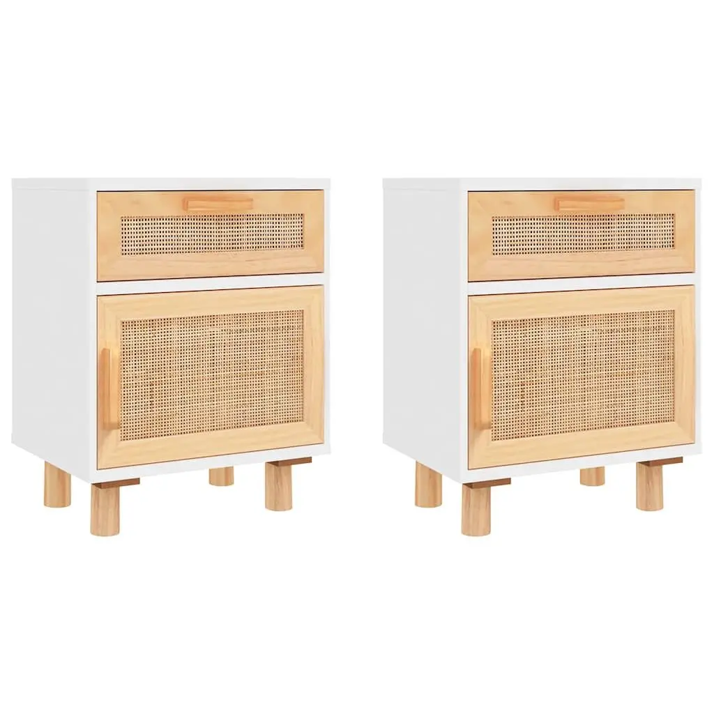 White Bedside Cabinet Set with Rattan Drawer