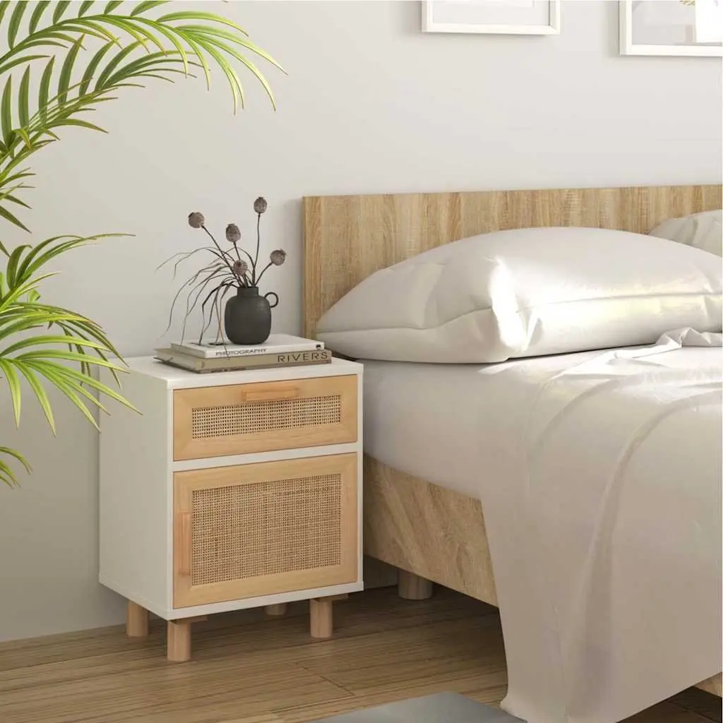 White Bedside Cabinet Set with Rattan Drawer