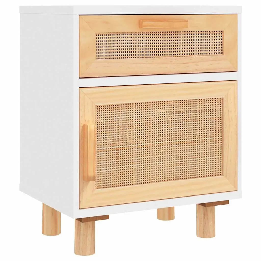 White Bedside Cabinet Set with Rattan Drawer