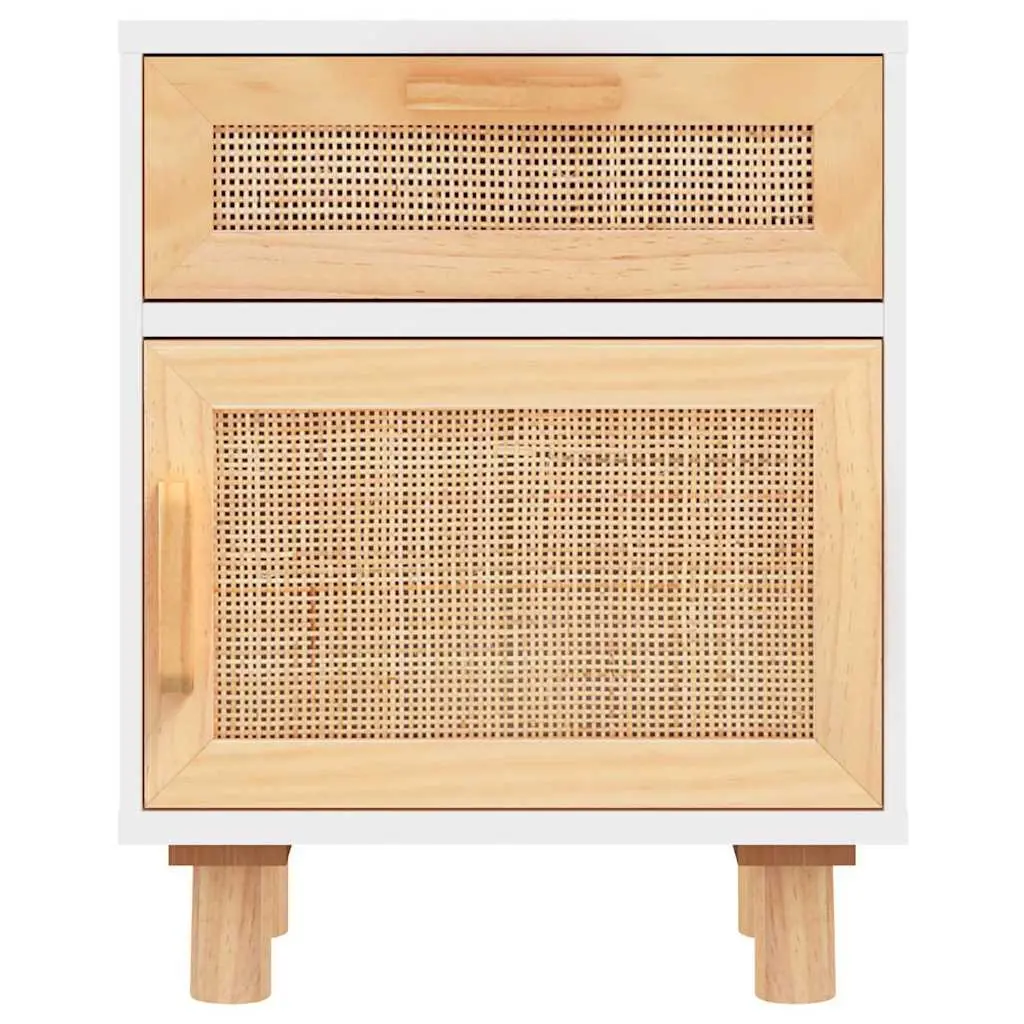 White Bedside Cabinet Set with Rattan Drawer