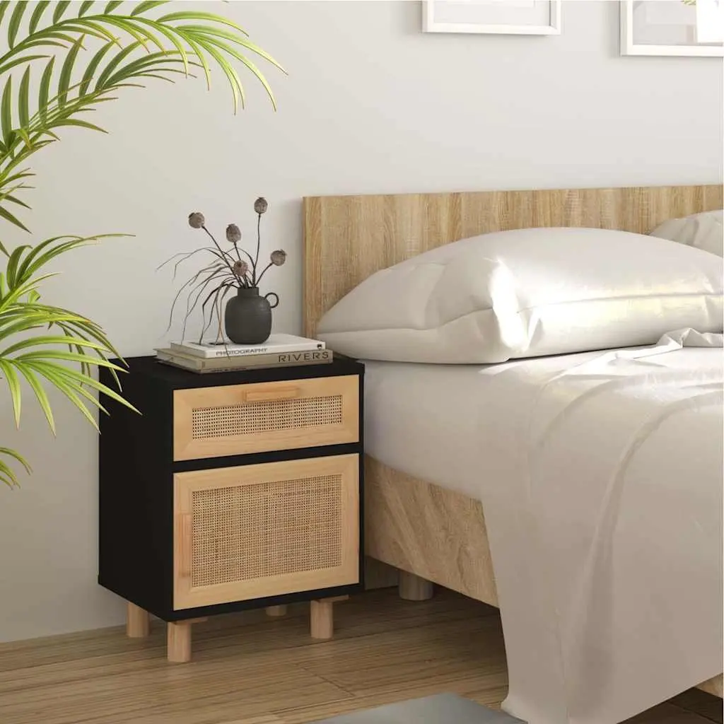 Bedside Cabinet Engineered Wood Solid Pine Black Rattan 2 Piece Nightstand Storage Drawer