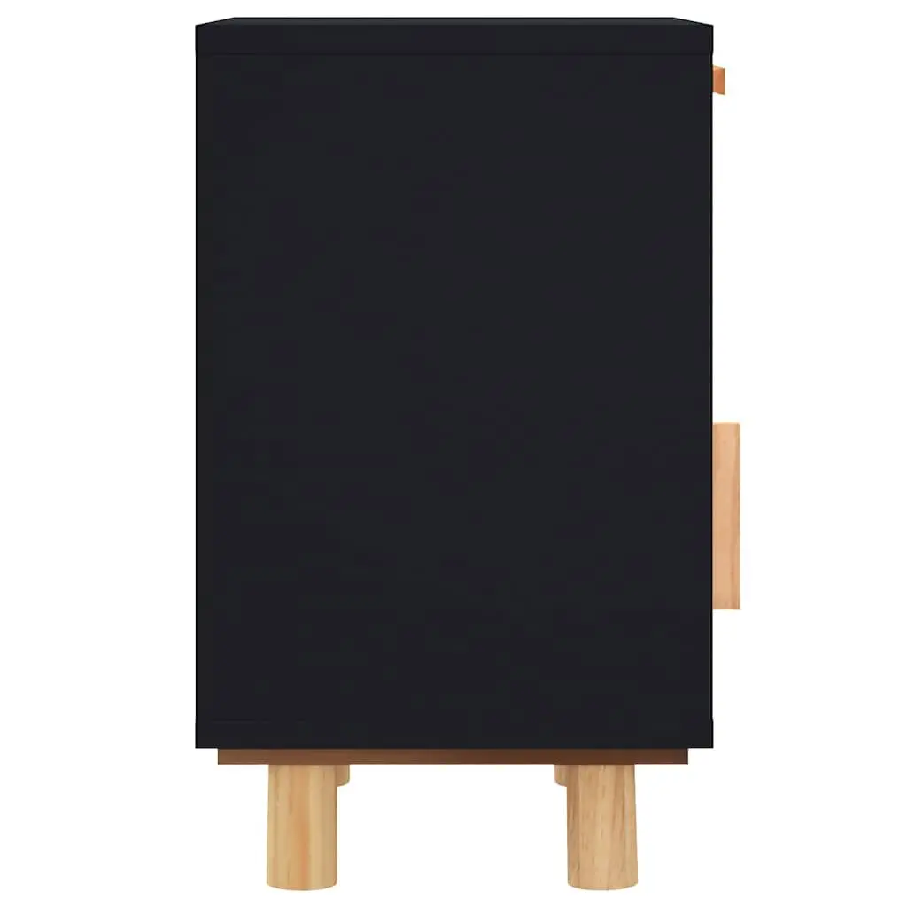 Bedside Cabinet Engineered Wood Solid Pine Black Rattan 2 Piece Nightstand Storage Drawer