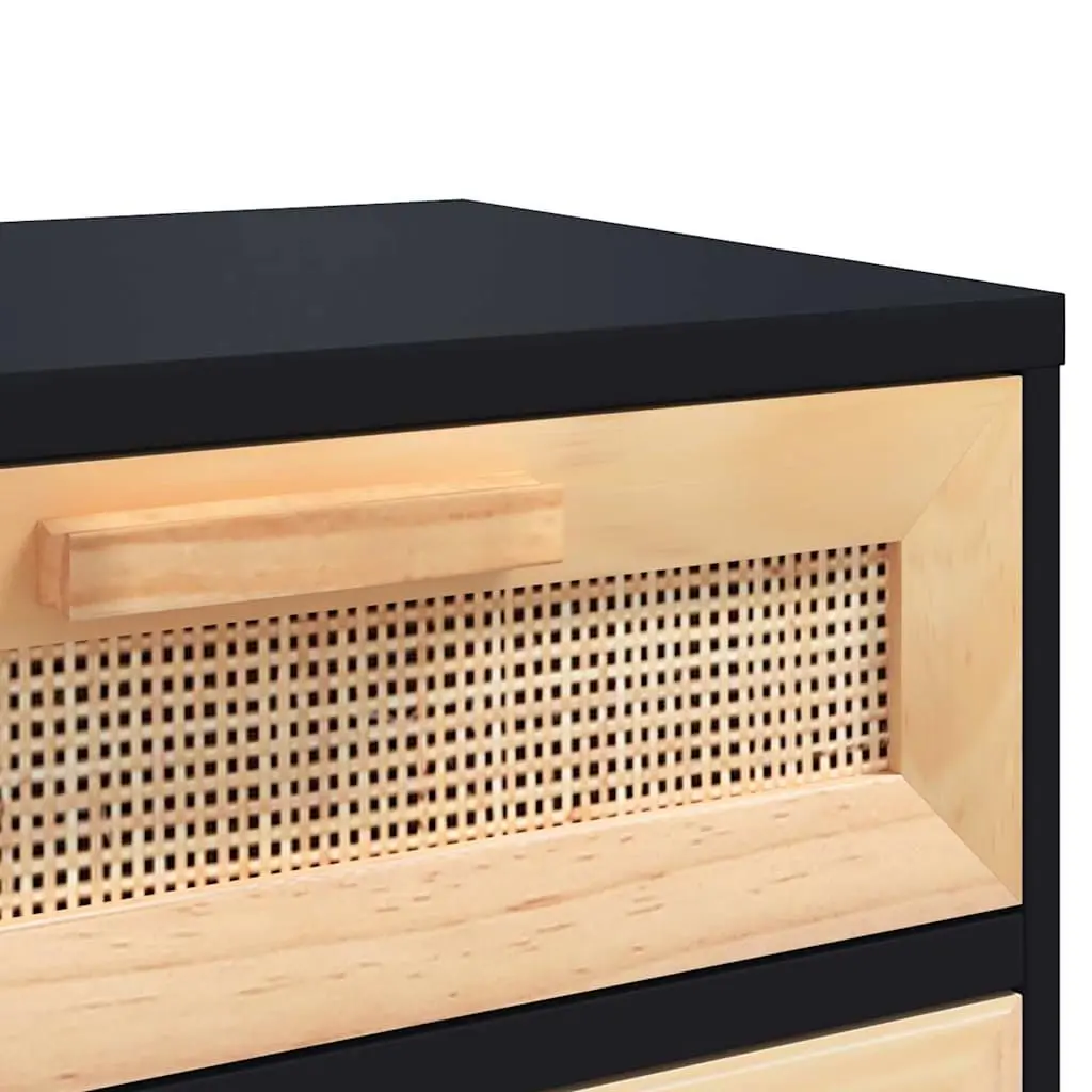 Bedside Cabinet Engineered Wood Solid Pine Black Rattan 2 Piece Nightstand Storage Drawer