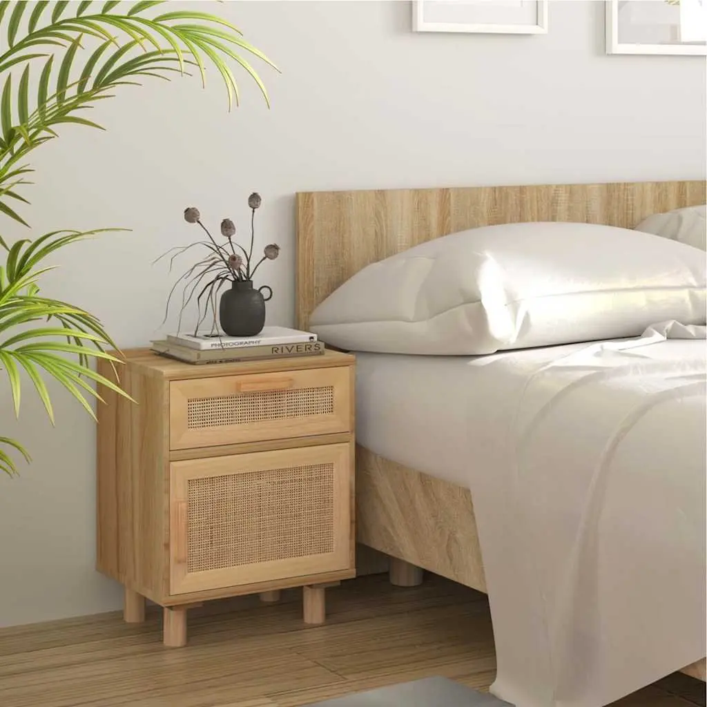 Bedside Cabinet 2 pcs Brown Solid Wood Pine Rattan Storage Drawer Nightstand