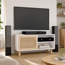 Stylish White TV Cabinet with Rattan Door Design