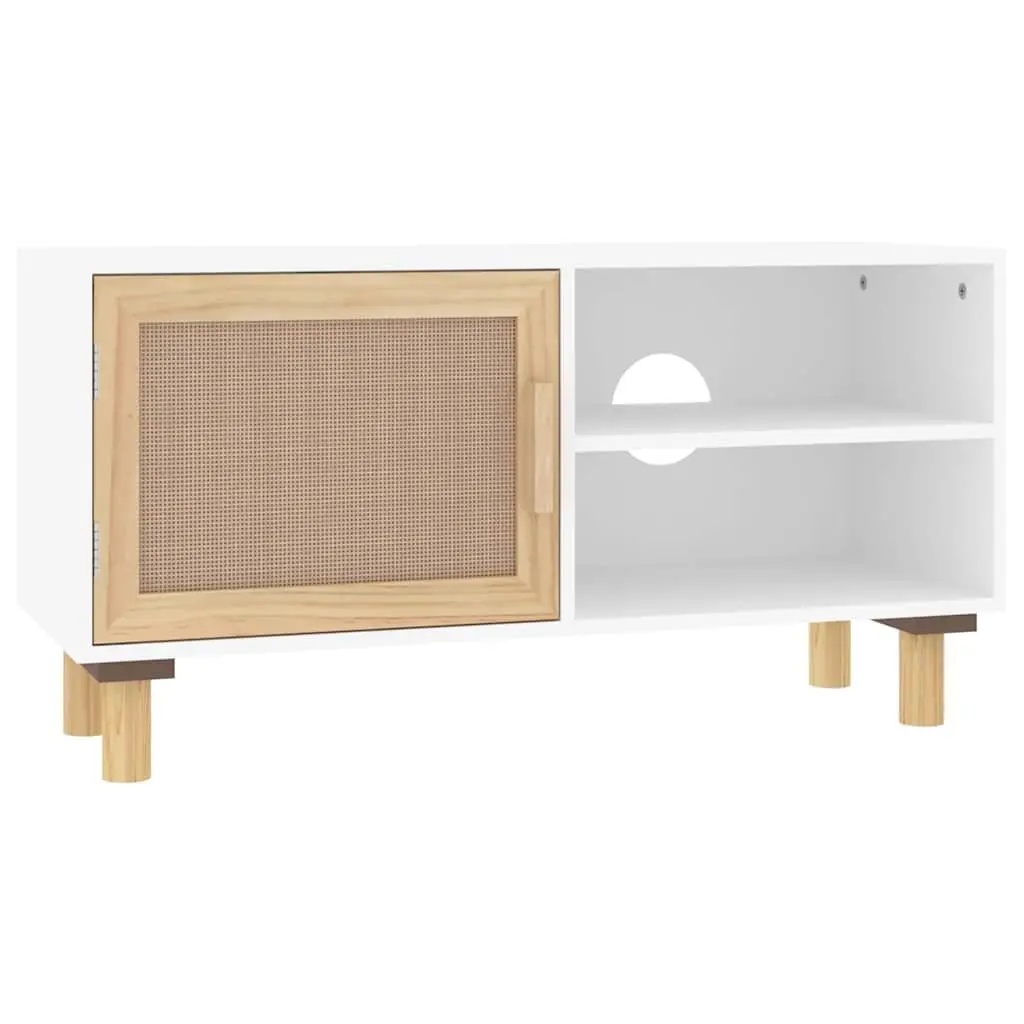 TV Cabinet White Storage Unit 3 Compartment Rattan Door Media Stand Furniture