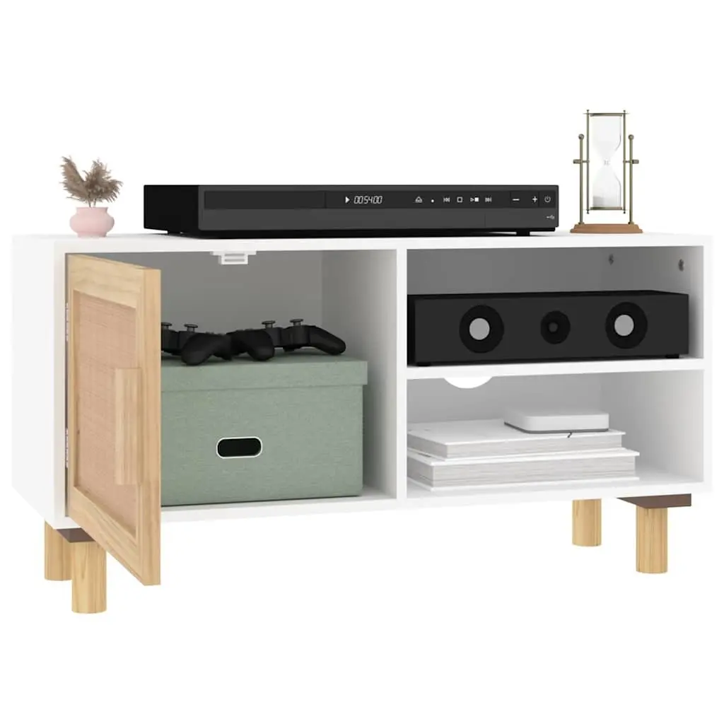 TV Cabinet White Storage Unit 3 Compartment Rattan Door Media Stand Furniture
