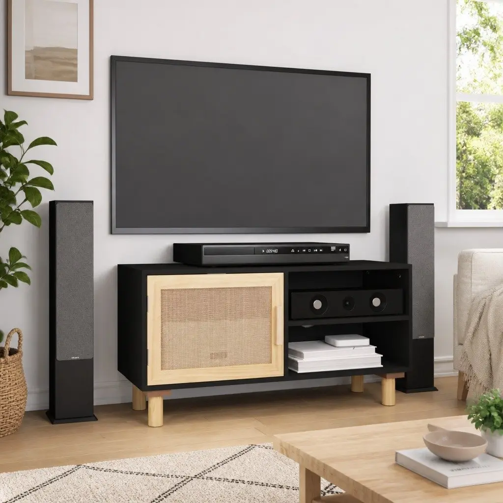 TV Cabinet Engineered Wood Black 80 x 30 x 40 cm Rattan Door Solid Pinewood Feet