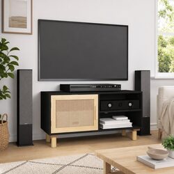Stylish Black TV Cabinet with Rattan Doors
