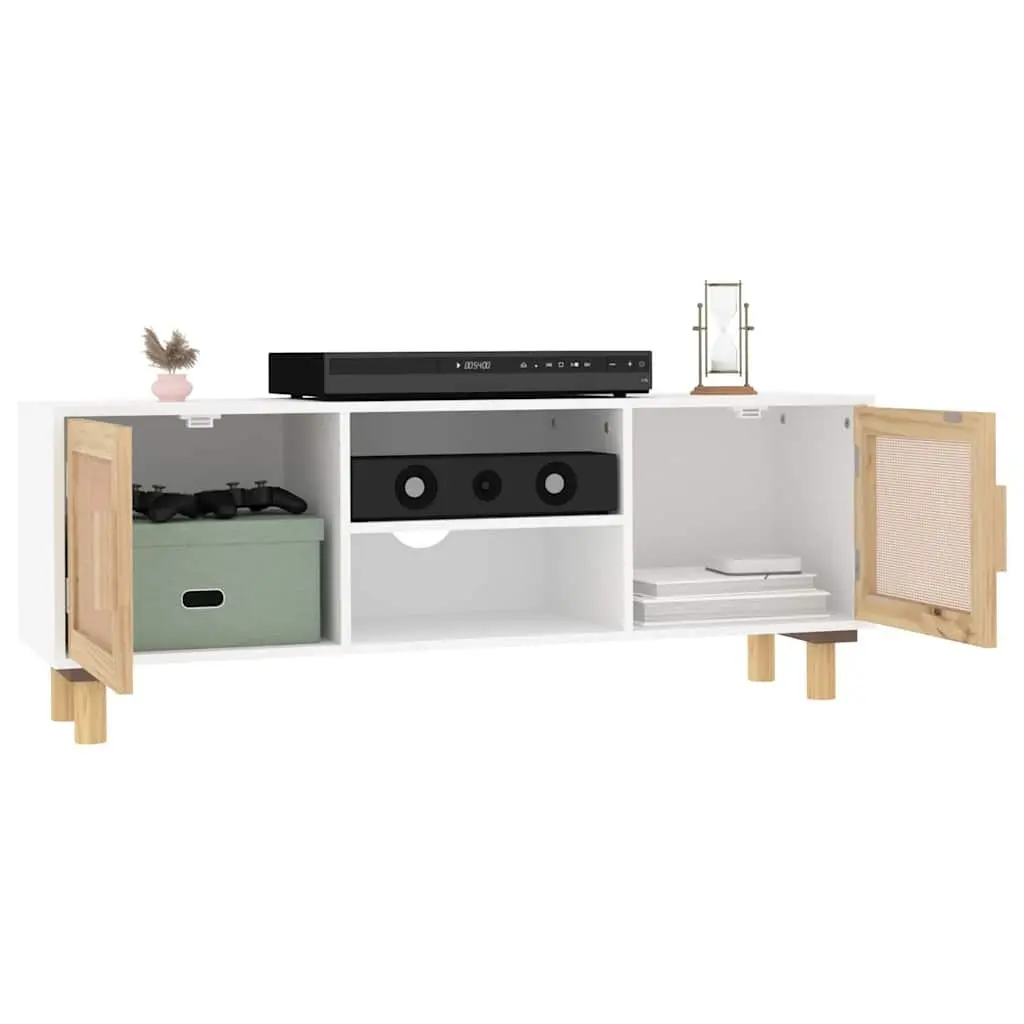 White TV Cabinet 105x30x40 cm with Rattan Doors