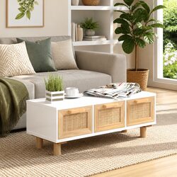 Coffee Table White 80x40x30cm 3 Drawers Rattan Weaving Storage Side Table