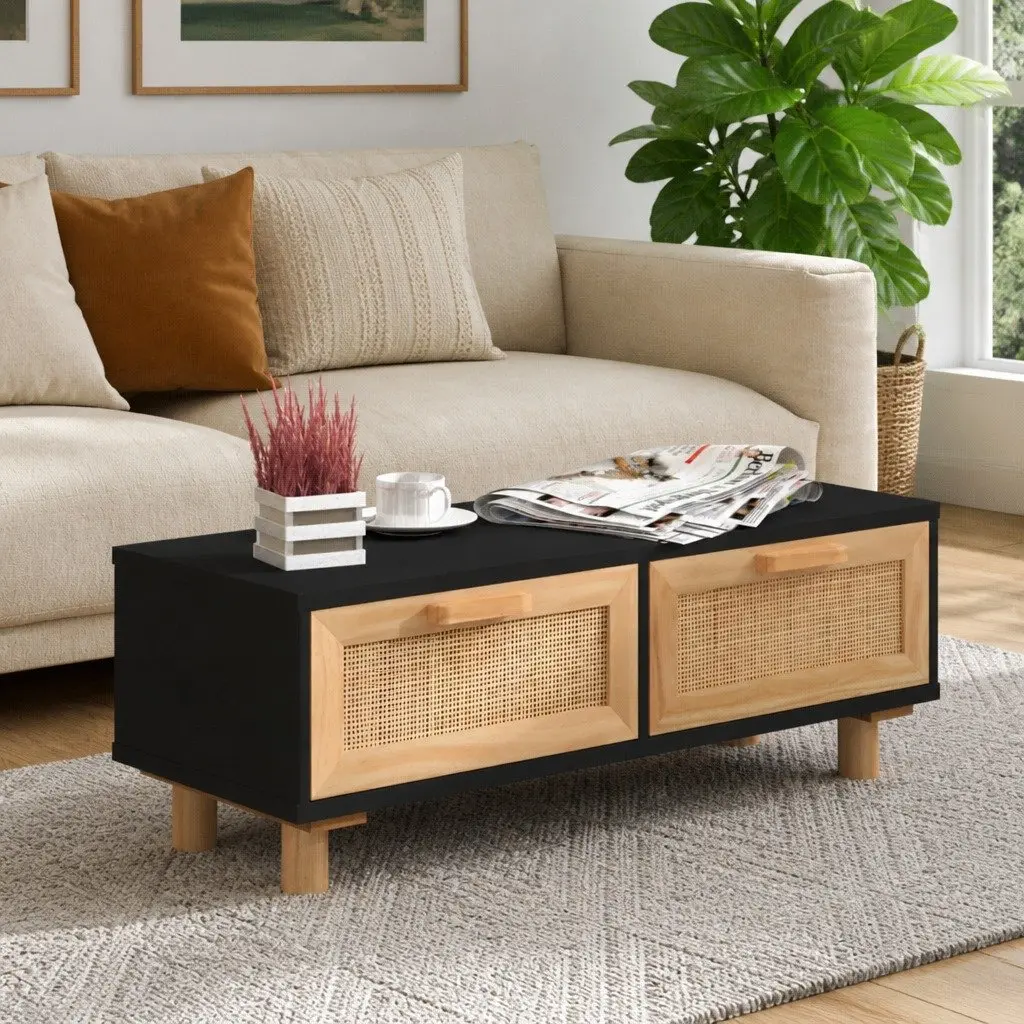 Black Coffee Table with Rattan Storage Drawers