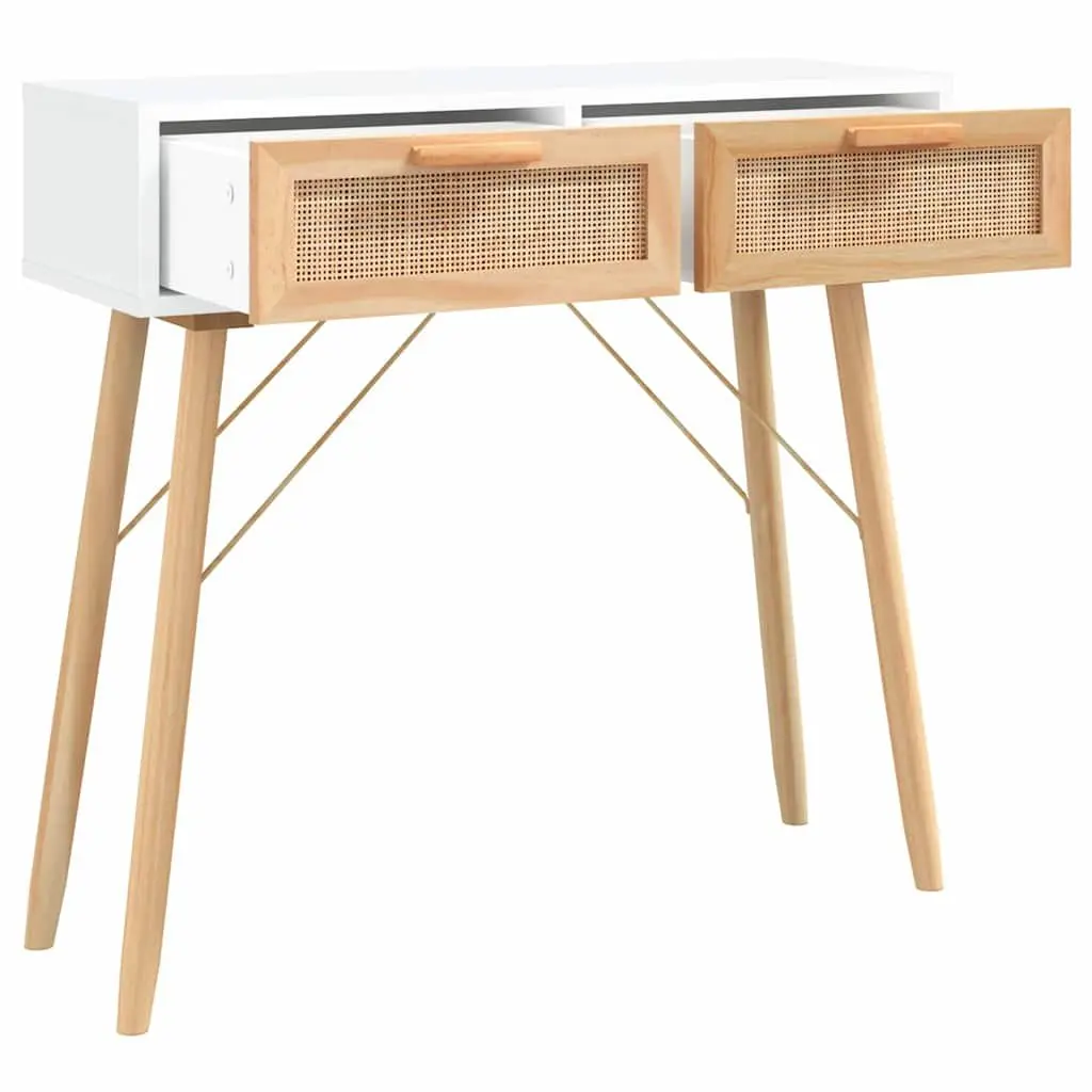 White Console Table with Rattan and Pinewood