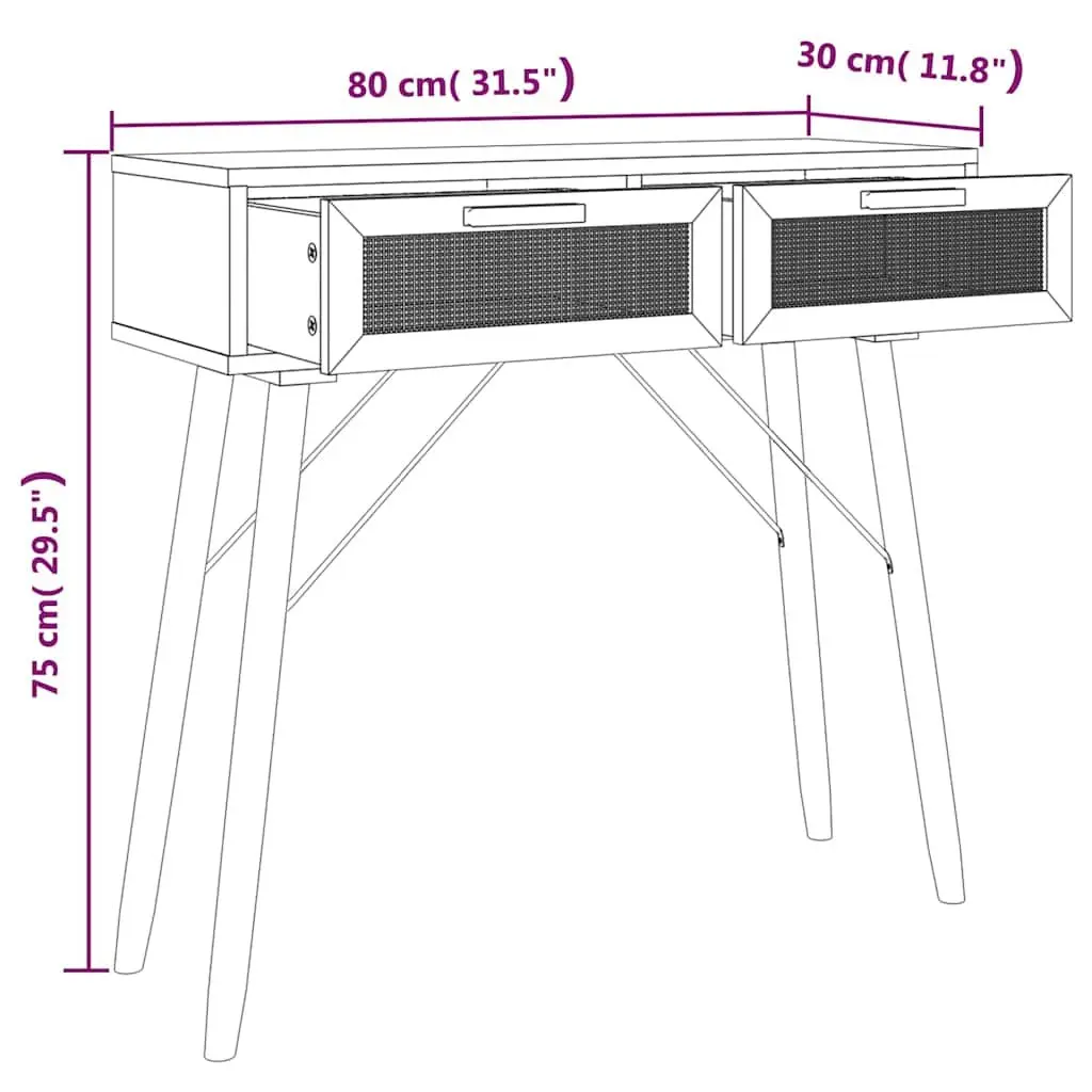 White Console Table with Rattan and Pinewood
