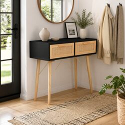 Black Console Table 80x30x75 cm with Rattan Design