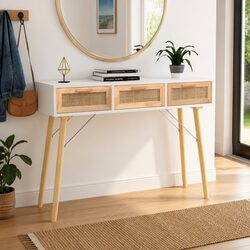 Stylish White Console Table with Rattan Drawers