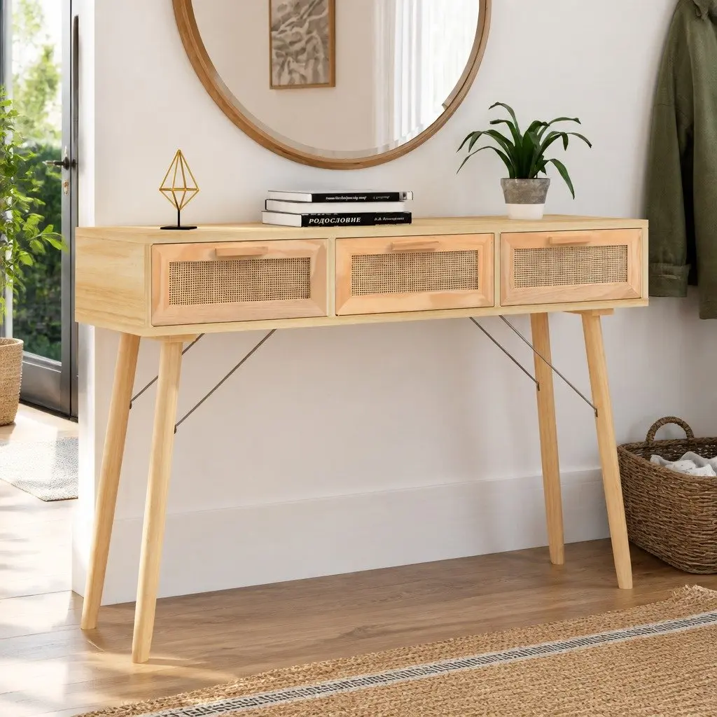 Console Table Brown End Table with Storage Drawers Rattan Weaving Design